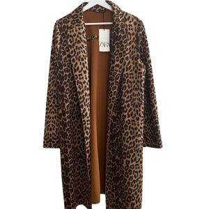 Zara Faux Suede Animal Print Open Front Midi Jacket/Duster Size XL NWT